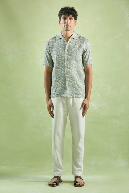 Aryavir Malhotra_Green Linen Virdian Mirage Print Shirt _Online_at_Aza_Fashions