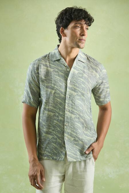 Buy_Aryavir Malhotra_Green Linen Virdian Mirage Print Shirt _Online_at_Aza_Fashions