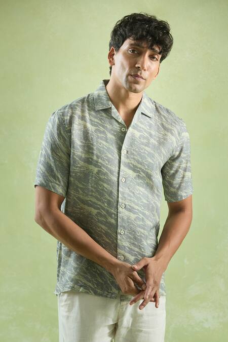 Aryavir Malhotra_Green Linen Virdian Mirage Print Shirt _at_Aza_Fashions