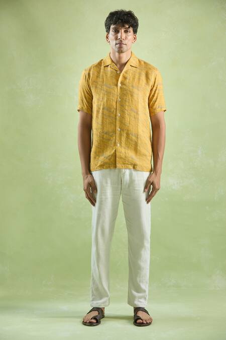 Arihant Rai Sinha_Yellow Linen Abstract Mirage Print Shirt _Online_at_Aza_Fashions