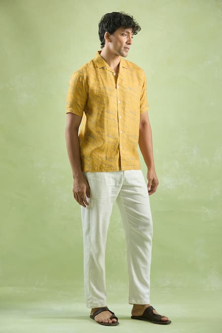 Buy_Arihant Rai Sinha_Yellow Linen Abstract Mirage Print Shirt _Online_at_Aza_Fashions
