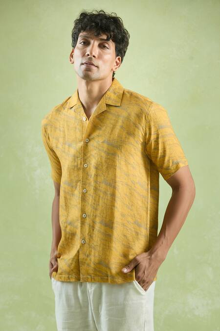 Shop_Arihant Rai Sinha_Yellow Linen Abstract Mirage Print Shirt _Online_at_Aza_Fashions