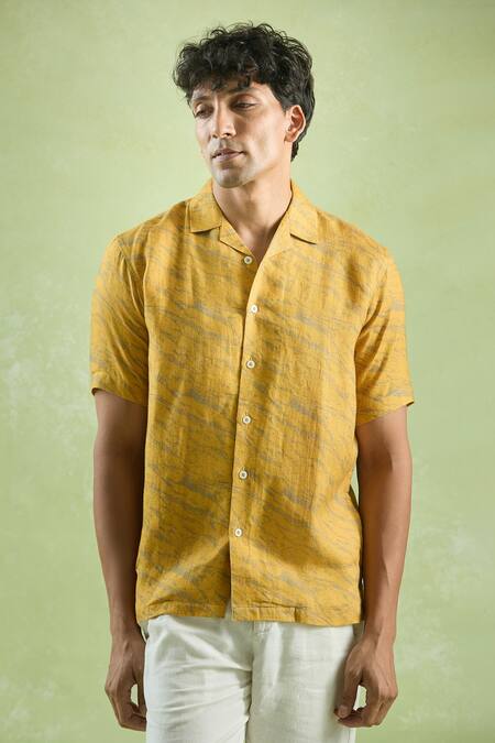 Arihant Rai Sinha_Yellow Linen Abstract Mirage Print Shirt _at_Aza_Fashions
