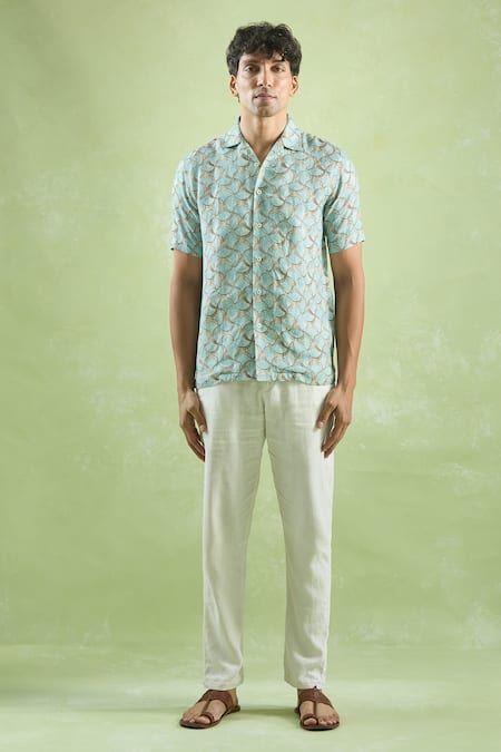 Arihant Rai Sinha_Blue Linen Opal Waves Print Casual Shirt _Online_at_Aza_Fashions