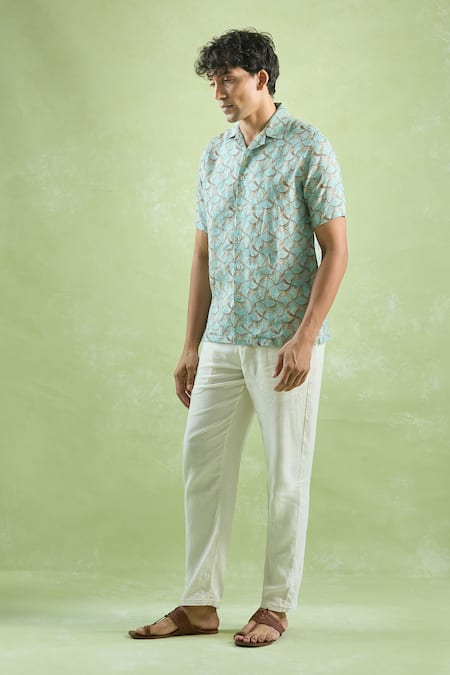 Buy_Arihant Rai Sinha_Blue Linen Opal Waves Print Casual Shirt _Online_at_Aza_Fashions