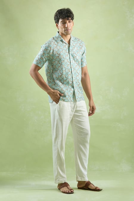 Shop_Arihant Rai Sinha_Blue Linen Opal Waves Print Casual Shirt _Online_at_Aza_Fashions