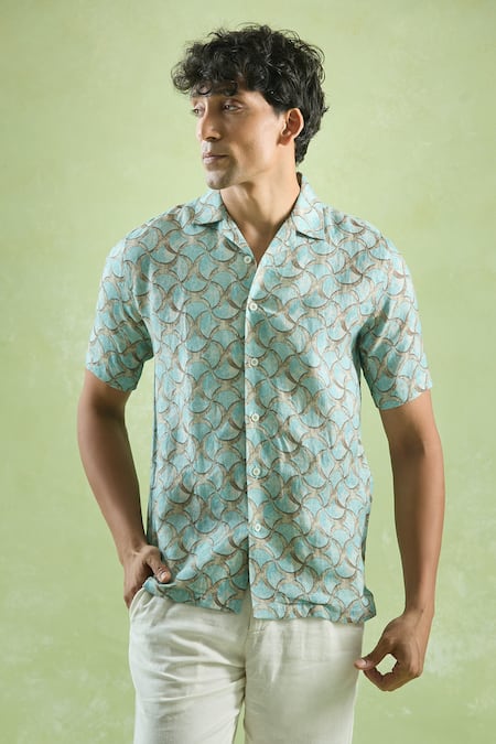 Arihant Rai Sinha_Blue Linen Opal Waves Print Casual Shirt _at_Aza_Fashions