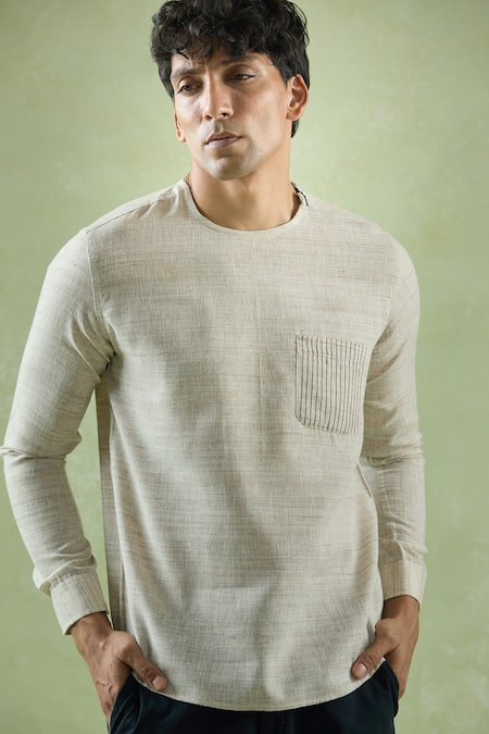 Buy_Arihant Rai Sinha_Beige Linen Embroidery Patch Work Short Kurta _Online_at_Aza_Fashions