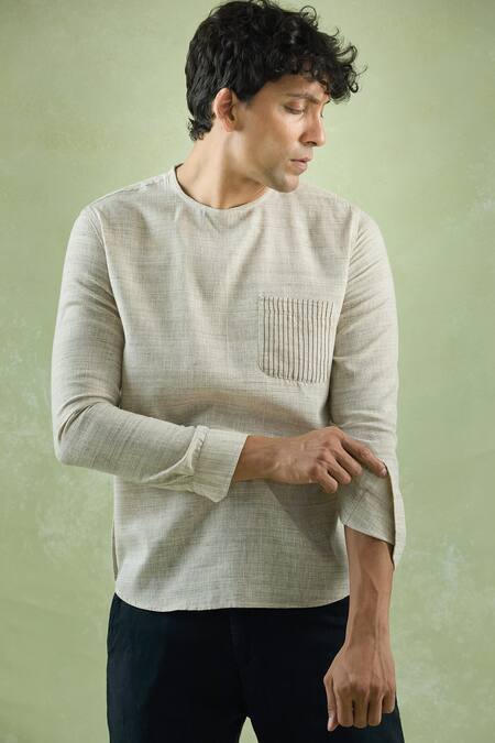 Shop_Arihant Rai Sinha_Beige Linen Embroidery Patch Work Short Kurta _Online_at_Aza_Fashions