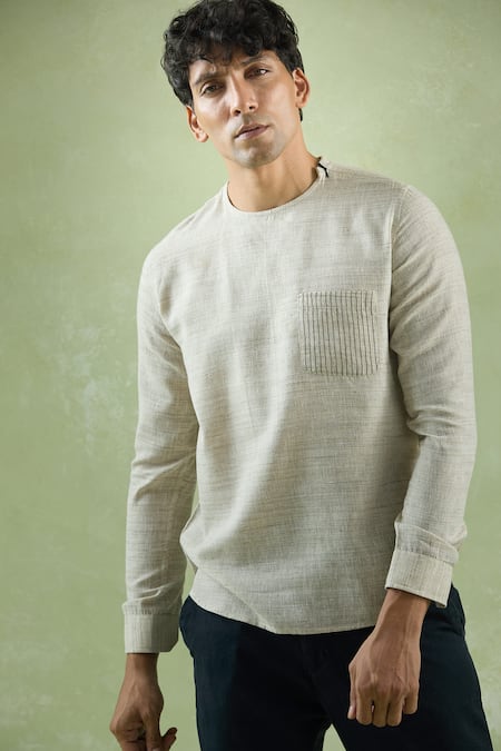 Arihant Rai Sinha_Beige Linen Embroidery Patch Work Short Kurta _at_Aza_Fashions
