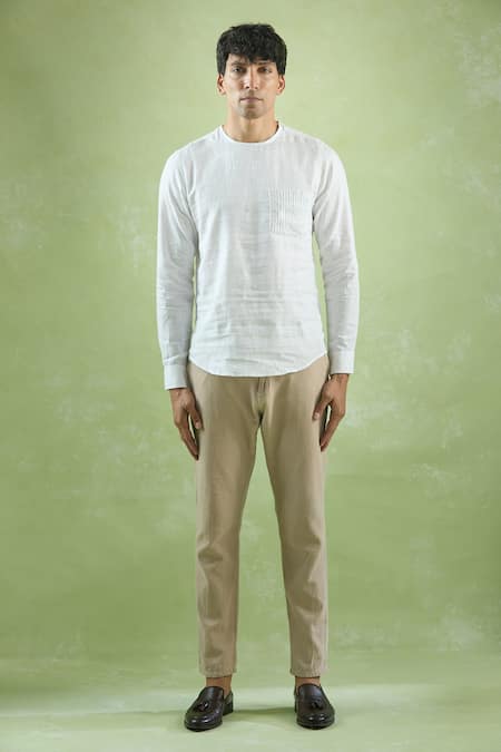 Arihant Rai Sinha_White Linen Embroidery Placement Patch Work Kurta _Online_at_Aza_Fashions