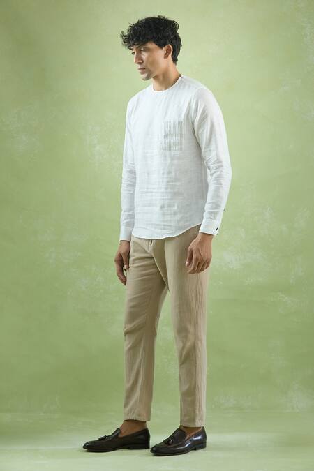 Buy_Arihant Rai Sinha_White Linen Embroidery Placement Patch Work Kurta _Online_at_Aza_Fashions