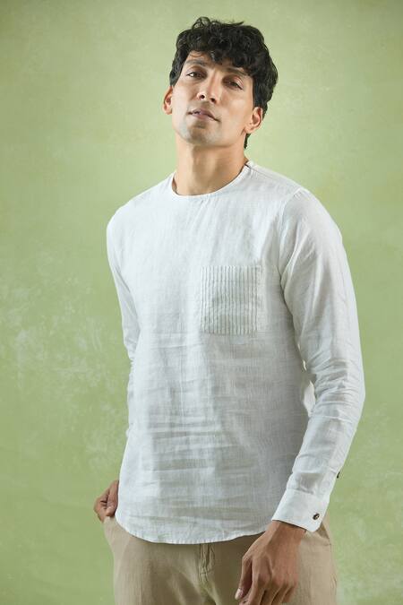 Shop_Arihant Rai Sinha_White Linen Embroidery Placement Patch Work Kurta _Online_at_Aza_Fashions