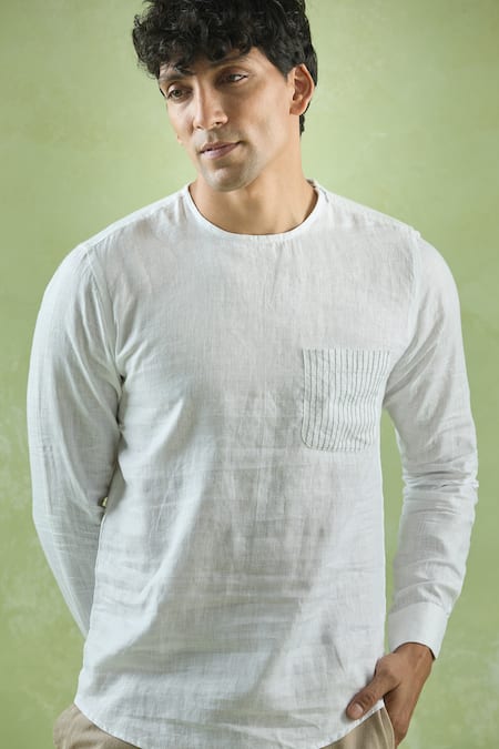 Arihant Rai Sinha_White Linen Embroidery Placement Patch Work Kurta _at_Aza_Fashions