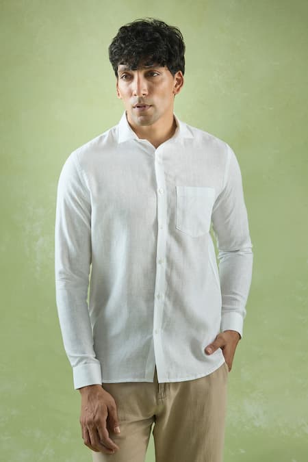 Aryavir Malhotra_White Linen Plain Full Sleeve Shirt _at_Aza_Fashions