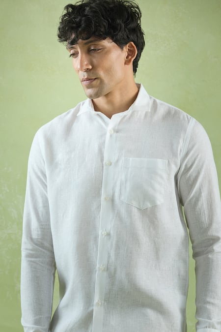 Buy_Aryavir Malhotra_White Linen Plain Full Sleeve Shirt 