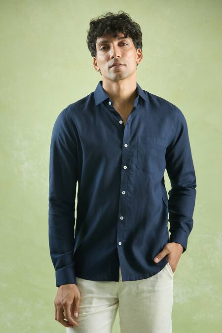 Shop Aryavir Malhotra Blue Linen Navy Full Sleeve Shirt Online at Aza Fashions Shop_Aryavir Malhotra_Blue Linen Navy Full Sleeve Shirt _Online_at_Aza_Fashions