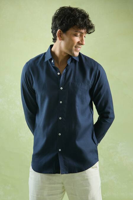 Aryavir Malhotra Blue Linen Navy Full Sleeve Shirt at Aza Fashions Aryavir Malhotra_Blue Linen Navy Full Sleeve Shirt _at_Aza_Fashions