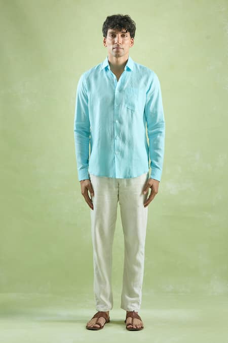 Aryavir Malhotra_Blue Linen Collared Full Sleeve Shirt _Online_at_Aza_Fashions