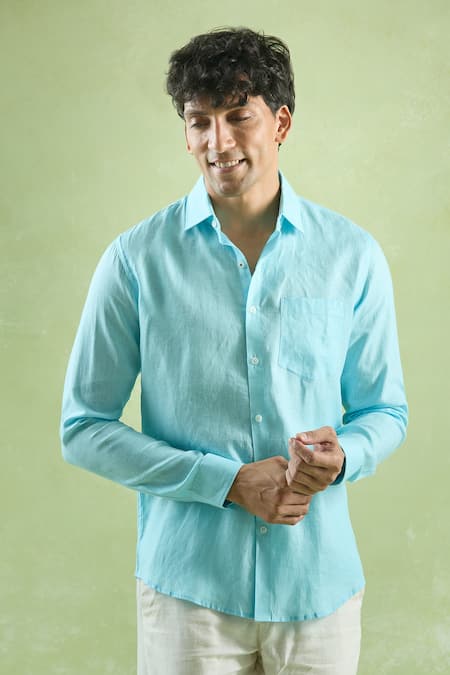 Buy_Aryavir Malhotra_Blue Linen Collared Full Sleeve Shirt _Online_at_Aza_Fashions
