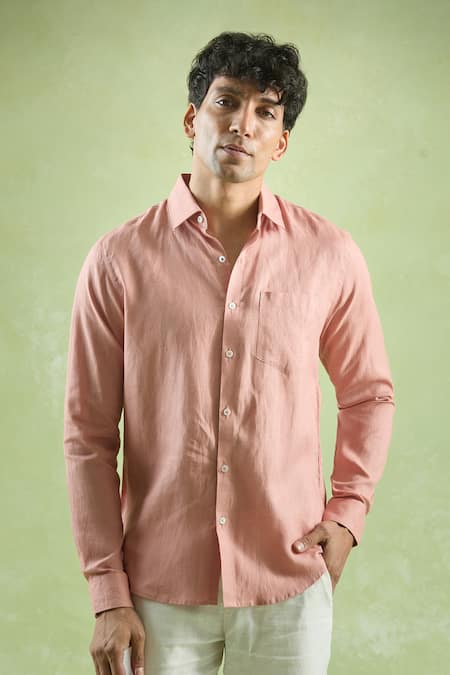 Buy Aryavir Malhotra Peach Linen Full Sleeve Collared Shirt Online at Aza Fashions Buy_Aryavir Malhotra_Peach Linen Full Sleeve Collared Shirt _Online_at_Aza_Fashions
