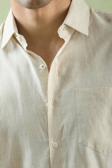 Aryavir Malhotra_Beige Linen Collared Full Sleeve Shirt _Online_at_Aza_Fashions