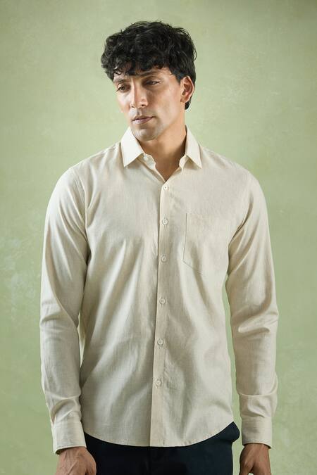 Shop_Aryavir Malhotra_Beige Linen Collared Full Sleeve Shirt _Online_at_Aza_Fashions
