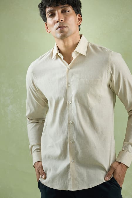Aryavir Malhotra_Beige Linen Collared Full Sleeve Shirt _at_Aza_Fashions