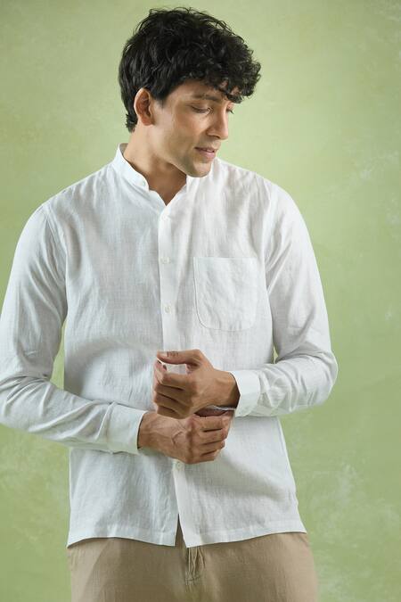 Aryavir Malhotra_White Linen Stand Collar Shirt _Online_at_Aza_Fashions