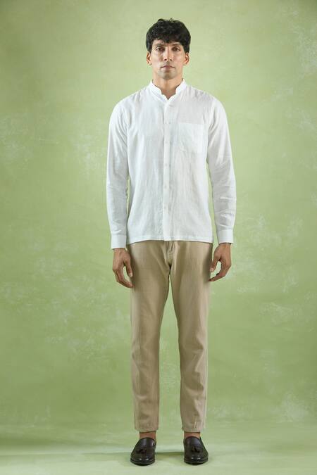 Shop_Aryavir Malhotra_White Linen Stand Collar Shirt _Online_at_Aza_Fashions