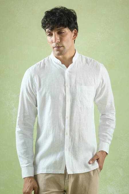 Aryavir Malhotra_White Linen Stand Collar Shirt _at_Aza_Fashions