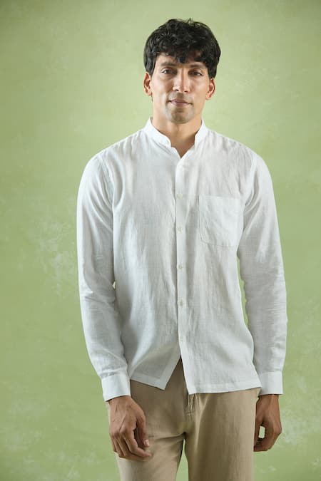 Buy_Aryavir Malhotra_White Linen Stand Collar Shirt 