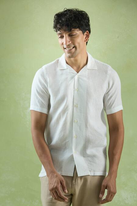 Buy_Arihant Rai Sinha_White Linen Collared Half Sleeve Plain Shirt _Online_at_Aza_Fashions
