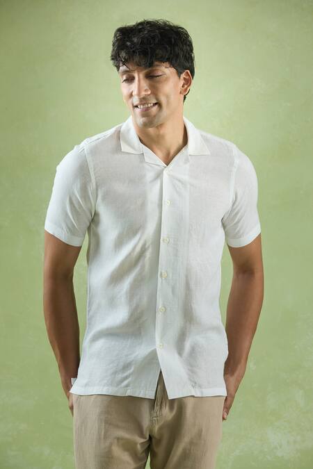 Shop_Arihant Rai Sinha_White Linen Collared Half Sleeve Plain Shirt _Online_at_Aza_Fashions
