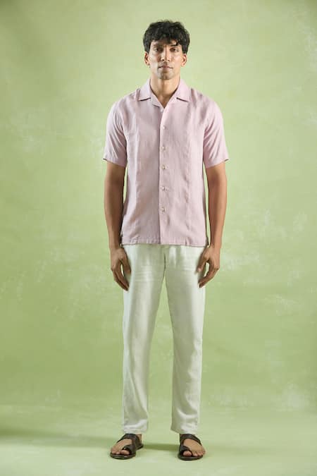 Aryavir Malhotra_Purple Linen Plain Half Sleeve Shirt _Online_at_Aza_Fashions