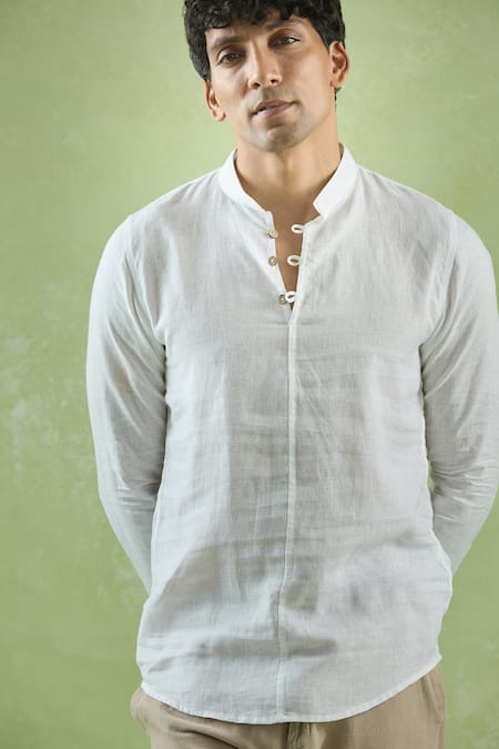 Arihant Rai Sinha White Linen Plain Full Sleeve Short Kurta Online at Aza Fashions Arihant Rai Sinha_White Linen Plain Full Sleeve Short Kurta _Online_at_Aza_Fashions