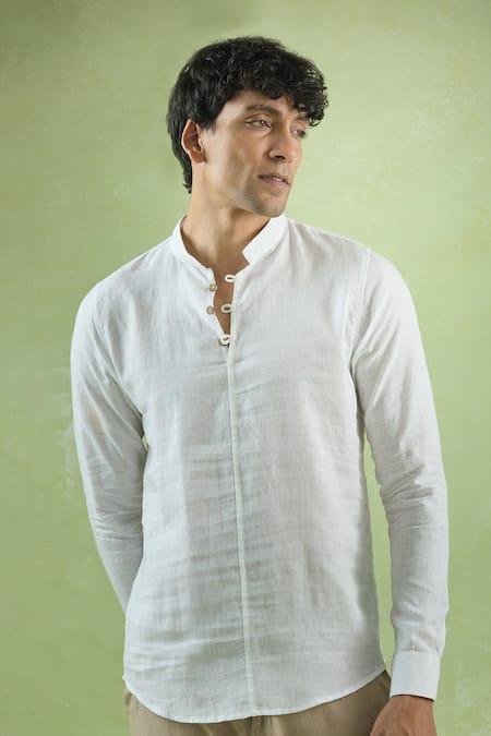Shop Arihant Rai Sinha White Linen Plain Full Sleeve Short Kurta Online at Aza Fashions Shop_Arihant Rai Sinha_White Linen Plain Full Sleeve Short Kurta _Online_at_Aza_Fashions