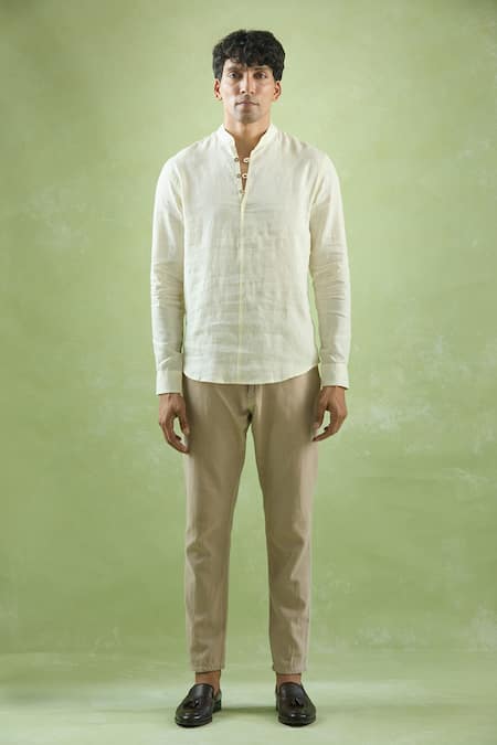 Arihant Rai Sinha Yellow Linen Plain Full Sleeve Short Kurta Online at Aza Fashions Arihant Rai Sinha_Yellow Linen Plain Full Sleeve Short Kurta _Online_at_Aza_Fashions