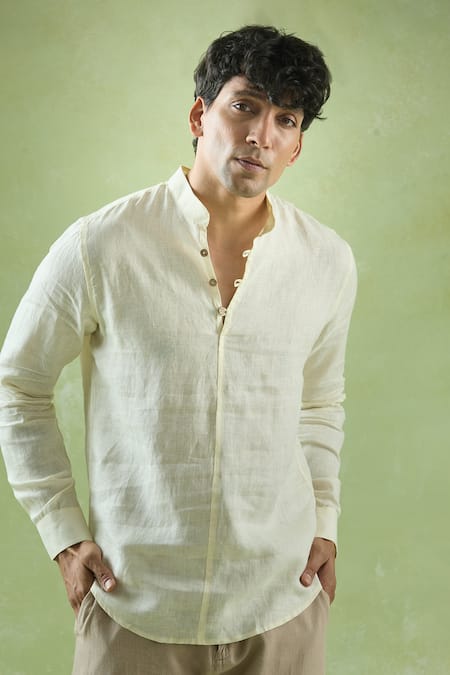 Buy Arihant Rai Sinha Yellow Linen Plain Full Sleeve Short Kurta Online at Aza Fashions Buy_Arihant Rai Sinha_Yellow Linen Plain Full Sleeve Short Kurta _Online_at_Aza_Fashions