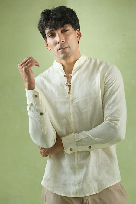 Shop Arihant Rai Sinha Yellow Linen Plain Full Sleeve Short Kurta Online at Aza Fashions Shop_Arihant Rai Sinha_Yellow Linen Plain Full Sleeve Short Kurta _Online_at_Aza_Fashions