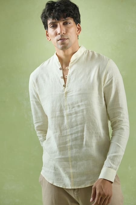 Arihant Rai Sinha Yellow Linen Plain Full Sleeve Short Kurta at Aza Fashions Arihant Rai Sinha_Yellow Linen Plain Full Sleeve Short Kurta _at_Aza_Fashions