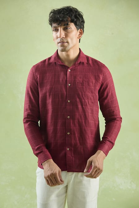 Aryavir Malhotra_Red Linen Crimson Checkered Full Sleeve Shirt _Online_at_Aza_Fashions