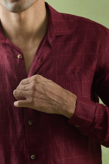 Buy_Aryavir Malhotra_Red Linen Crimson Checkered Full Sleeve Shirt _Online_at_Aza_Fashions