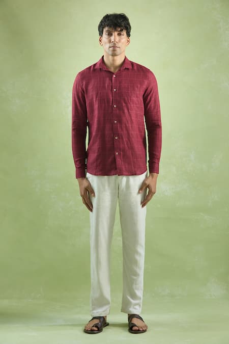 Shop_Aryavir Malhotra_Red Linen Crimson Checkered Full Sleeve Shirt _Online_at_Aza_Fashions