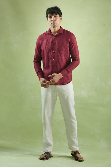 Aryavir Malhotra_Red Linen Crimson Checkered Full Sleeve Shirt _at_Aza_Fashions