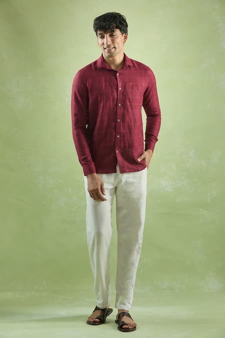 Buy_Aryavir Malhotra_Red Linen Crimson Checkered Full Sleeve Shirt 