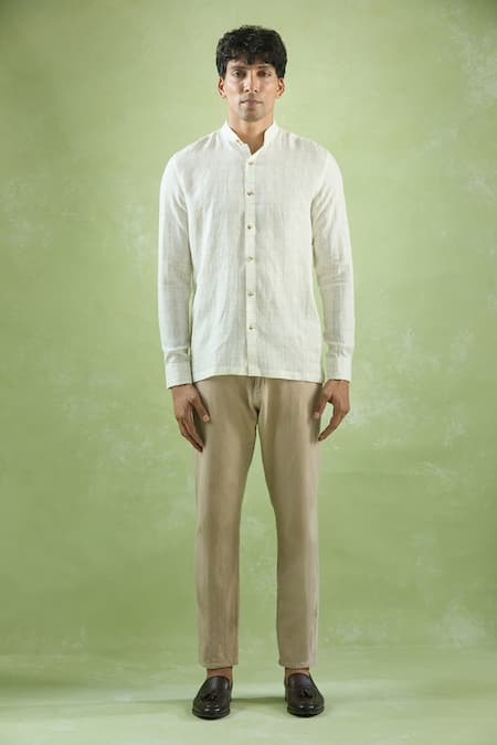 Aryavir Malhotra_Cream Linen Checkered Full Sleeve Shirt _Online_at_Aza_Fashions