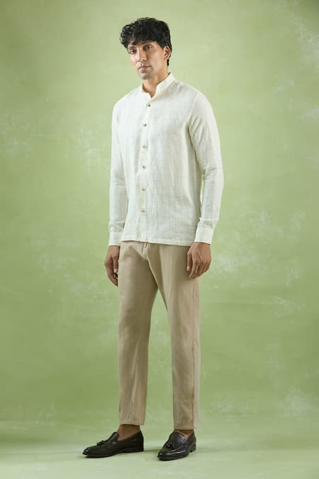 Buy_Aryavir Malhotra_Cream Linen Checkered Full Sleeve Shirt _Online_at_Aza_Fashions