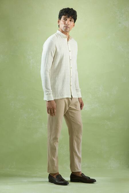 Shop_Aryavir Malhotra_Cream Linen Checkered Full Sleeve Shirt _Online_at_Aza_Fashions