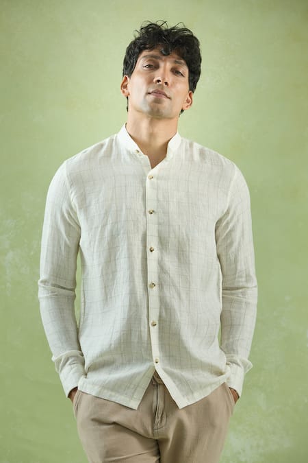 Aryavir Malhotra_Cream Linen Checkered Full Sleeve Shirt _at_Aza_Fashions